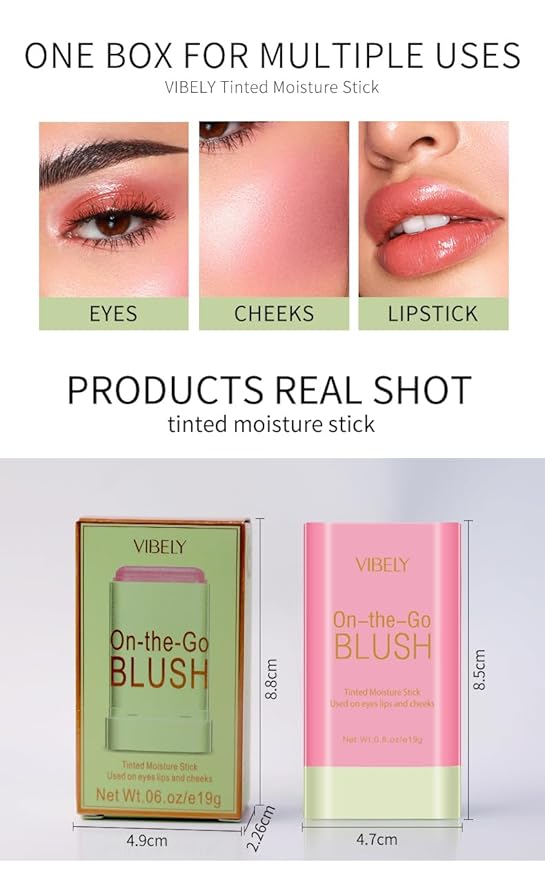 Multi-Use Makeup Blush Stick, Cream Blush Stick, Tinted Solid Moisturizer Stick for Cheek & Eyes & Lips, Waterproof Natural Nude Makeup, Suitable for All Skin (2#Hot Red)
