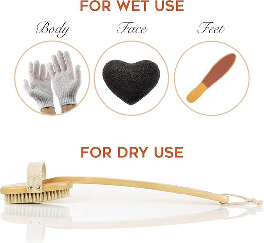Dry Brushing Body Brush Set by Zen Me - Natural Exfoliation Kit with Premium Boar Bristle Brush, Shower Gloves, Konjac Facial Sponge & Foot File - for Lymphatic Drainage - Great Gift Set