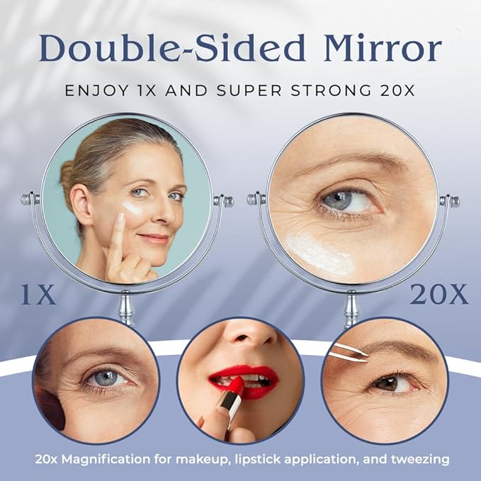 MIRRORVANA 20X Magnifying Makeup Mirror with Stand - Double-Sided 20X/1X Vanity Design for Desk, Countertop, or Bathroom Use - Ideal for Make Up and Skin Care Use - Stands 9" High x 6" Wide (Chrome)