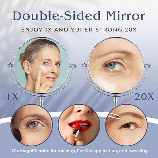 MIRRORVANA 20X Magnifying Makeup Mirror with Stand - Double-Sided 20X/1X Vanity Design for Desk, Countertop, or Bathroom Use - Ideal for Make Up and Skin Care Use - Stands 9" High x 6" Wide (Chrome)