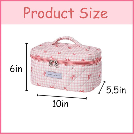 uekeboag Large Travel Quilted Makeup Bag for Women, Floral Cotton Cosmetic Bag, Coquette Aesthetic Floral Toiletry Organizer Bag