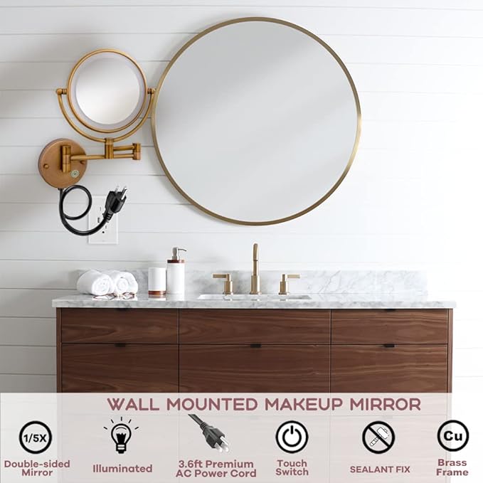 8" Brass Wall Mount Makeup Mirror with Lights, 1X/5X Double Sided Personal Mirrors for Bathroom with 360 Swivel Extendable, Antique Brass Indoor Arts Ware, Plug Powered