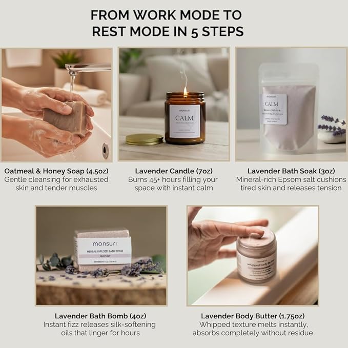 Relaxing Bath Gifts for Mom | Wind-Down Ritual with Lavender Candle, Bath Bomb, Soak, Body Butter, Oatmeal Soap Bar - Mom Birthday Gifts for Women, Self Care Package, Mother's Day Gifts