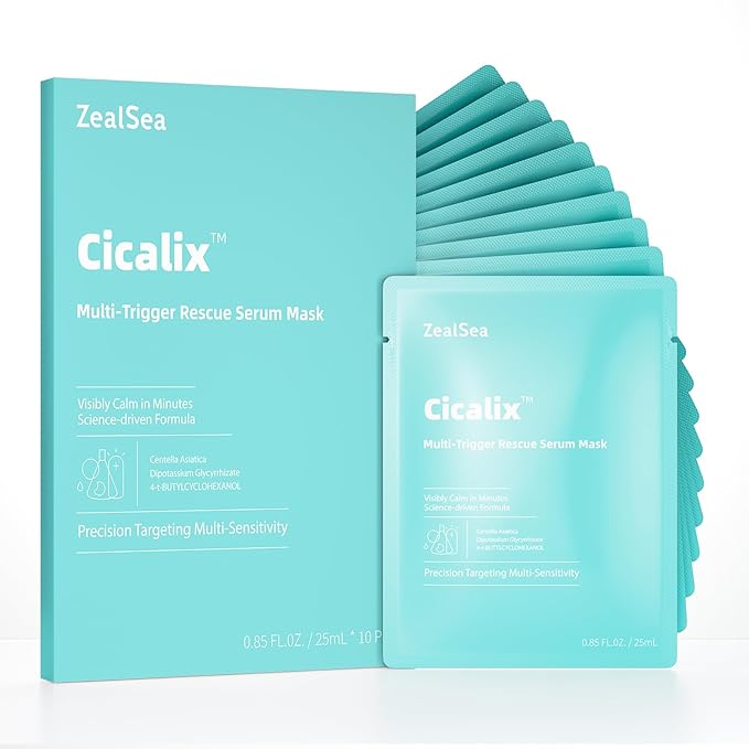 ZealSea Cicalix Face Masks Skincare Set, Derm Solution Sheet Mask for Multi-Trigger Sensitivity, Soothing & Calming, Strengthen & Restore Skin, Facial Mask with Cica & Ceramide, 10 Pack