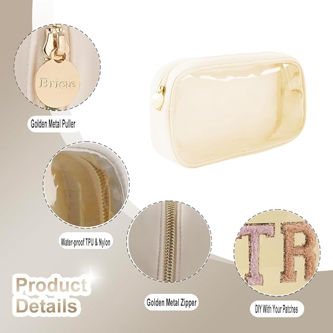 Medium Preppy Transparent Makeup Pouch Women Travel Clear TPU and Nylon Cosmetic Pouch (Medium, Beige)