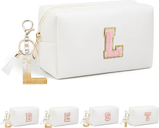 Birthday Gifts for Women Her,Travel Cute Makeup Bag,Large Capacity Cosmetic Bags for Women Makeup Pouch PU Leather Waterproof Cosmetic Bag (L, White)