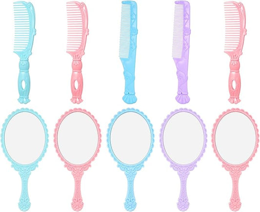 Lurrose 5 Sets Decorative Hand Mirror Vintage Vanity Makeup Mirror Handhold Hair Brush Comb Travel Makeup Tools Gift for Women Girls (Random Color)