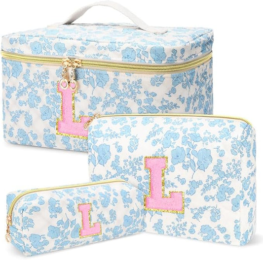 3 PCS Travel Makeup Bag Set, A-Z Initials Cotton Make up Bag Floral Quilted Cosmetic Bag for Girls and Women, Personalized Cute Toiletry Bag Travel Accessories Brushes Bag Blue - L