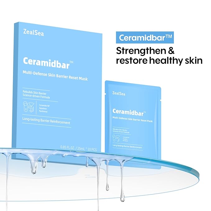 ZealSea Ceramidbar Face Masks Skincare Set, Derm Solution Sheet Mask for Multi-Trigger Sensitivity, Soothing & Calming, Strengthen & Restore Skin, Facial Mask with Cica & Ceramide, 10 Pack