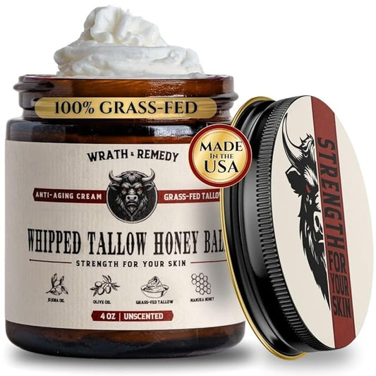 Wrath & Remedy Handmade Whipped Organic Beef Tallow for Skin - 4 OZ (Unscented) — Grass Fed Beef Tallow Moisturizer and Honey Balm for Silky, Sensitive-Skin, Eczema, Rosacea - Free of Harsh Chemicals