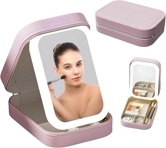 Makeup Case with LED Mirror, Three Color Brightness Adjustable Makeup Mirror, Rechargeable Makeup Mirror, Portable Cosmetic Case, LED Light Jewelry Box (Pink)