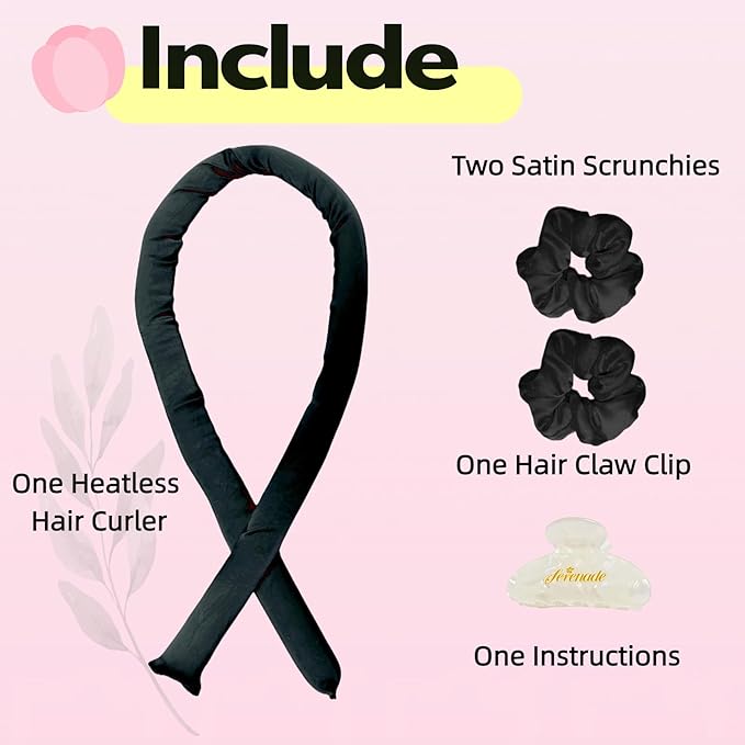 Serenade Satin Heatless Curls Overnight for Long Hair, Heatless Hair curler for Women and Girls, No Heat Curling Rods with Satin Scrunchies and Clip, Black