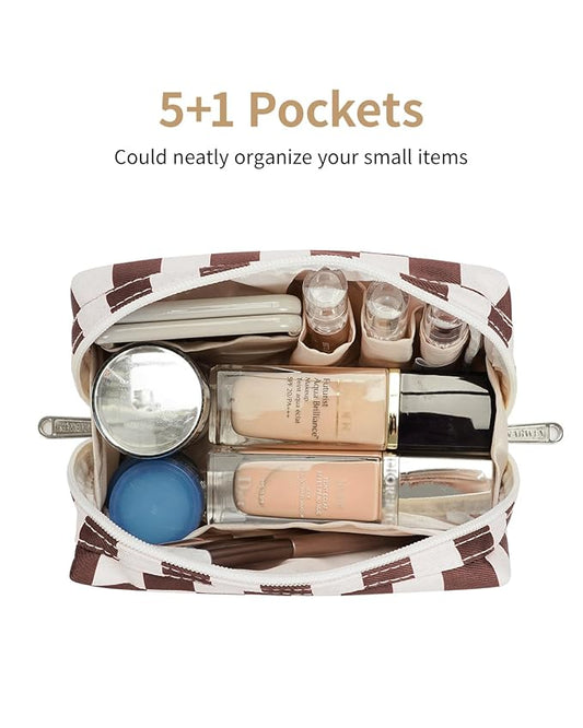 Narwey Small Checkered Makeup Bag for Purse Mini Cosmetic Bag Travel Makeup Pouch Zipper Pouch Cute Make up Bags with Compartments for Women Girls (Dark Checkerboard, Small)