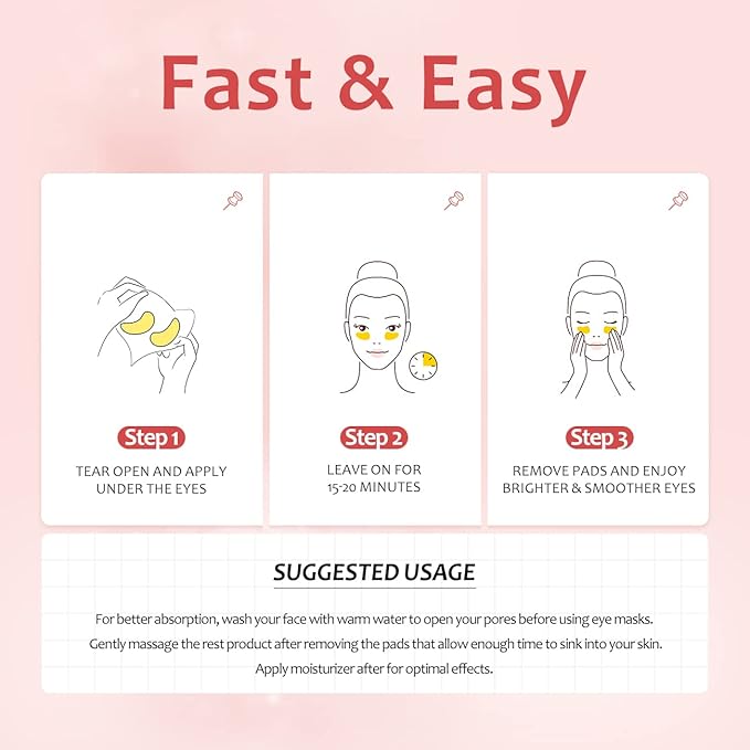 24K Gold Eye Mask with Hyaluronic Acid & Collagen, Reduce Wrinkles, Reduce Dark Circles and Puffiness, Reduce Fine Lines, Skin Firming, Under Eye Patches,14 Pairs