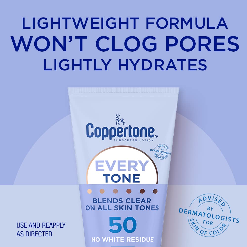 Coppertone Every Tone Sunscreen Lotion SPF 50, Lightweight, Rubs on Clear Sunscreen for All Skin Tones, Formulated with Nourishing Vitamin E, 7 Fl Oz Tube