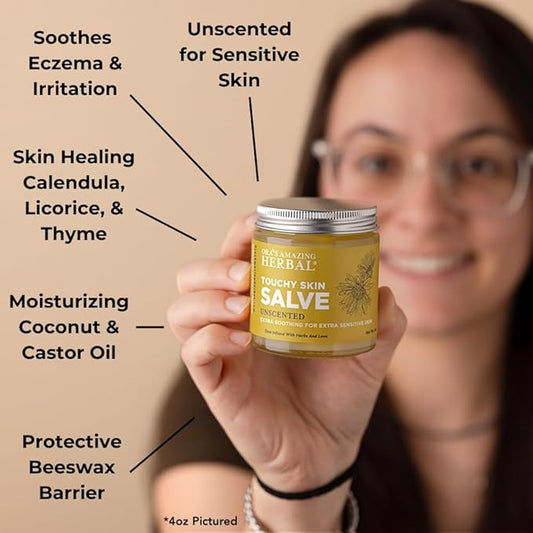 Ora's Amazing Herbal, Touchy Skin Salve, Eczema Cream Treatment, Anti-Itch Cream for Kids and Adults, Calendula Ointment for Natural Sensitive, Fragrance Free, Dry Skin Balm 1 oz Travel Size