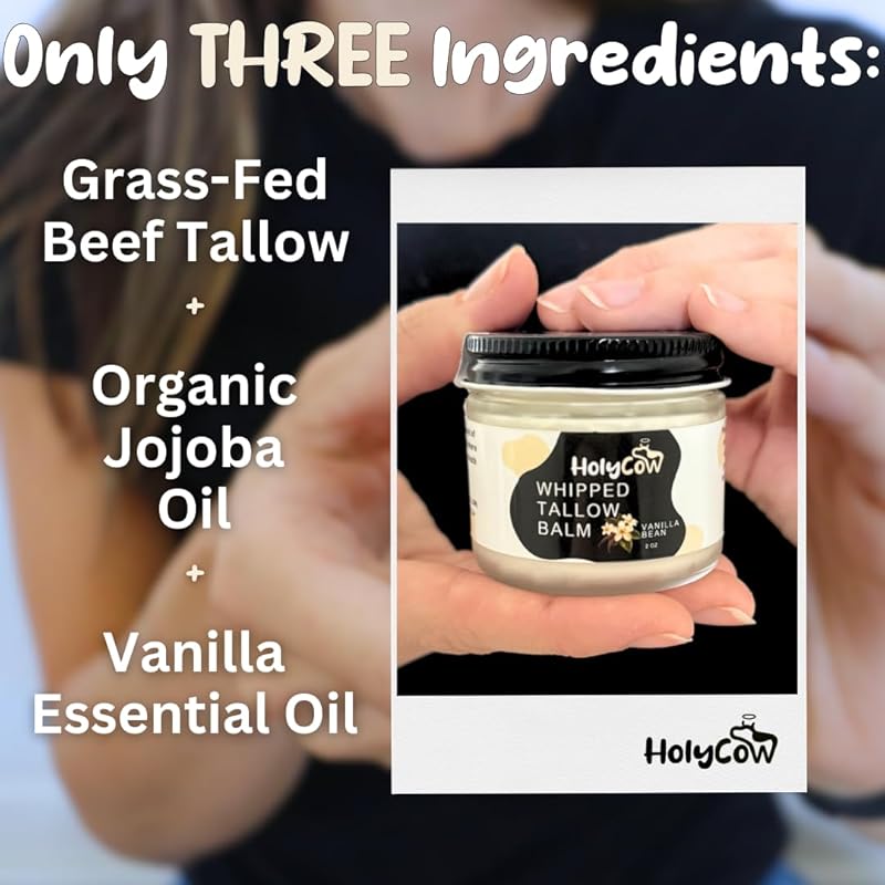Beef Tallow For Skin - Whipped Tallow Balm with Organic Jojoba Oil, Grass Fed Beef Tallow Face Moisturizer for Eczema, Baby, Lip Balm - Lotion For Extremely Dry Skin (Vanilla Bean)