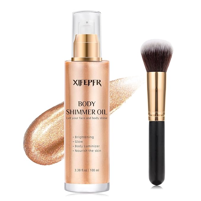 Body Shimmer Oil, Rose Gold Face Brighten Glow Body Luminizer Highlighter Liquid Illuminator with Makeup Brush, Long Lasting Moisturizing Glitter Oil for Makeup (3.38 Fl Oz/#05)