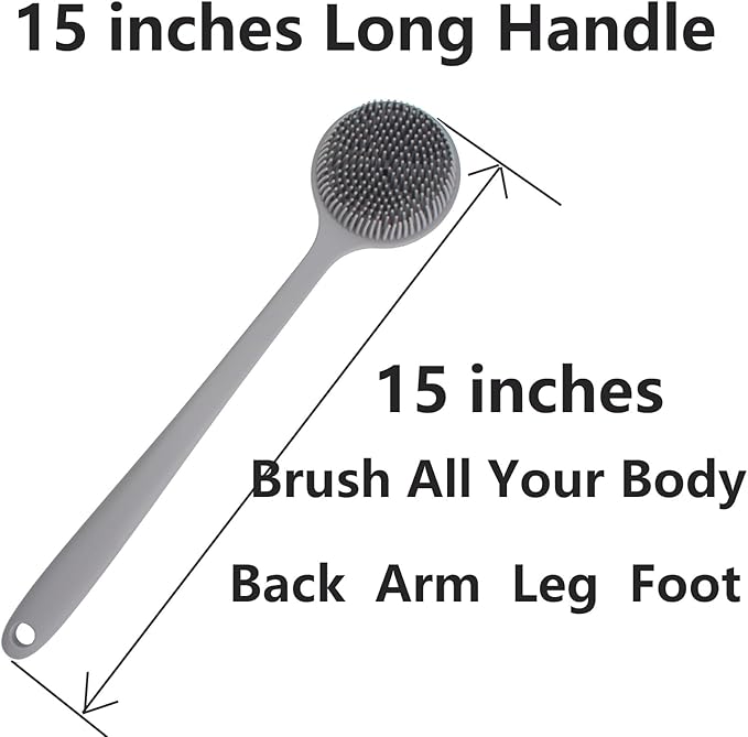 Back Scrubber for Shower, Soft Silicone Back Shower Brush Bath Body Scrubber with Long Handle for Men Women (Grey)
