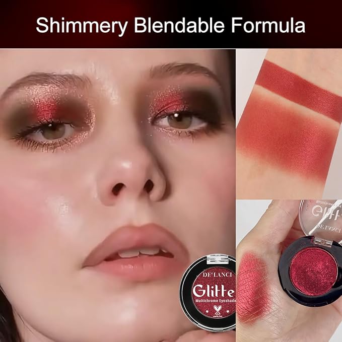 Afflano Single Red Eyeshadow Palette Shimmery, Ultra Pigmented Red Glitter Eyeshadow, Sparkly Duo Chrome Dark Red Makeup Eye Shadow Powder, Multi-Dimensional Eyes Look Goth Christmas Makeup