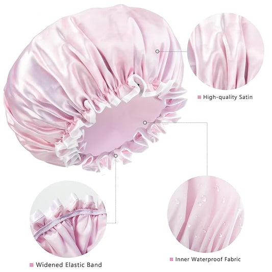 Aquior Shower Caps, Reusable Shower Cap for Women, Double Layer Waterproof Bonnet Hair Cap, Large Size for All Hair Lengths,for Girls Spa Home Salon Use (Pink Cloud)