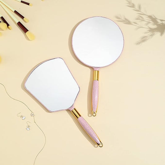 Eaoundm Round Hand Held Mirror for Makeup Hand Mirror (6.9W X 13 L inchs, Pink)