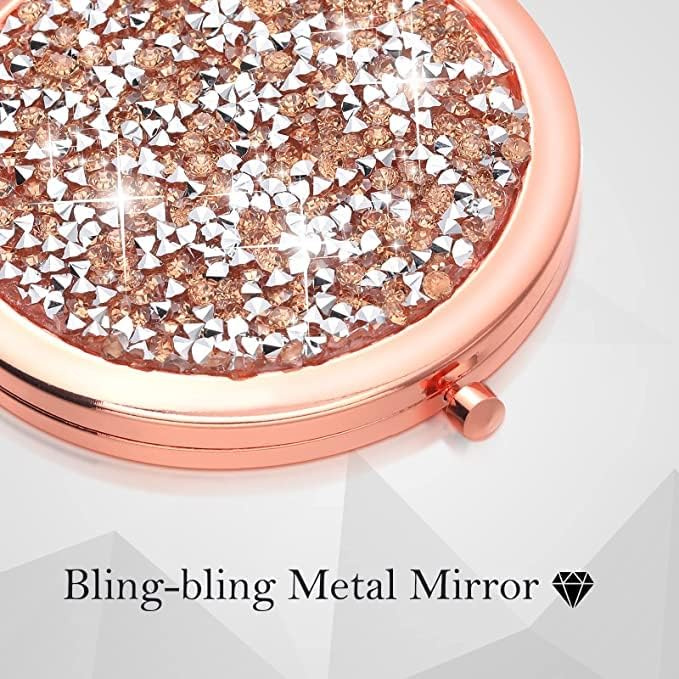 Magnifying Rose Gold Compact Mirror - Mix Diamond Mirrors 1x/2x Magnification Travel Makeup Mirrors,Double Sided Small Pocket Mirror,Folding Purse Mirror,Cosmetic Mirror for Gift