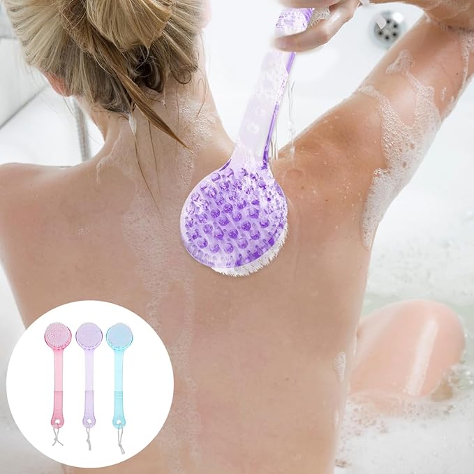 Back Scrubber for Shower, 3pcs Shower Brush Long Handle with Bristles for Skin Exfoliating Bath, Body Exfoliator Massage Bristles Suitable for Wet or Dry, Random Color