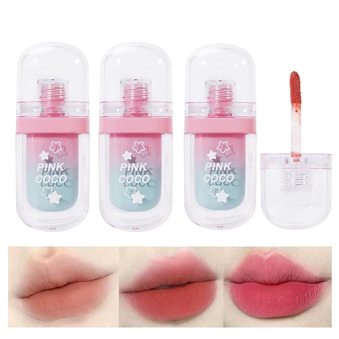 3 Colors Cute Lip Glosses Set, Matte Lip Stain Kit, Liquid Lipstick for Women,Velvet Lip Glaze,Long Lasting Lipstick Non-sticky Lip Gloss, Makeup Gift for Girls and Women (Set A)