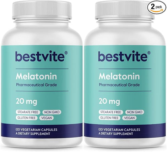BESTVITE Melatonin 20mg (240 Vegetarian Capsules) (120 x 2) - No Stearates - Vegan - Non GMO - Gluten Free