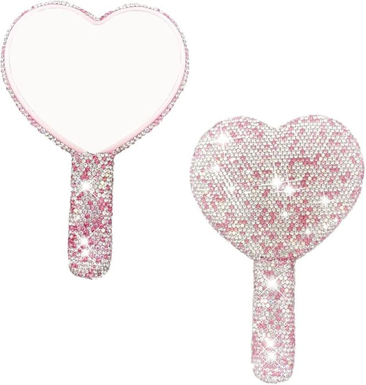 LOPURO Sparkling Rhinestone Heart Shaped Handheld Mirror, Rhinestone Handheld Heart Mirror Bling Glitter Cute Cosmetic Hand Mirror with Handle Portable Makeup Mirror for Women Travel