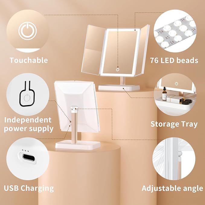 3- Folding Makeup Mirror, 76 lamp Beads, 3 Adjustable Color Modes,Long Press The Touch Button to Adjust The brightness1%-100%, 1x / 2X / 3X Magnification (1, Triplex Mirror Ivory White)