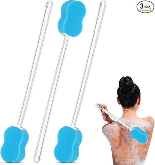 3 Pcs Long Handle Bath Sponge 22.4'' Back Sponge on a Stick Lightweight Back Washer Handled Butt Scrubber Shower Brush for Foot Body Cleaning Bathing Limited Motion (Blue)