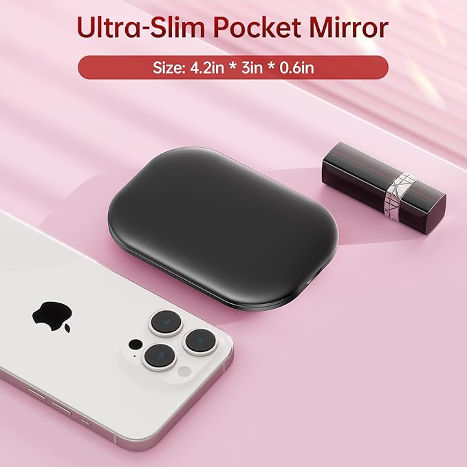 Benbilry Lighted Compact Travel Mirror with 3 Color Lights, 1X/3X Magnifying Ultra Slim Rechargeable Pocket Mirror for Purse, 2-Sided, Handheld, Folding, Portable, Black