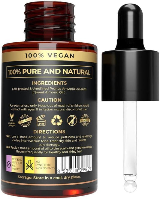 USDA Organic Sweet Almond Oil - Cold-Pressed, Pure & Natural - For Skin, Hair, Face & Body After Shower - Carrier for Essential Oils Mixing - Aceite de Almendras