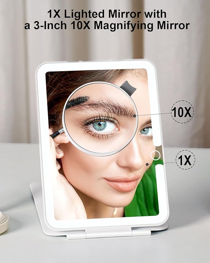 Rechargeable Travel Makeup Mirror with Lights, Portable Lighted Vanity 10X Magnification, 70 LEDs 3 Color Dimmable Touch Screen, Tabletop Folding Compact Cosmetic