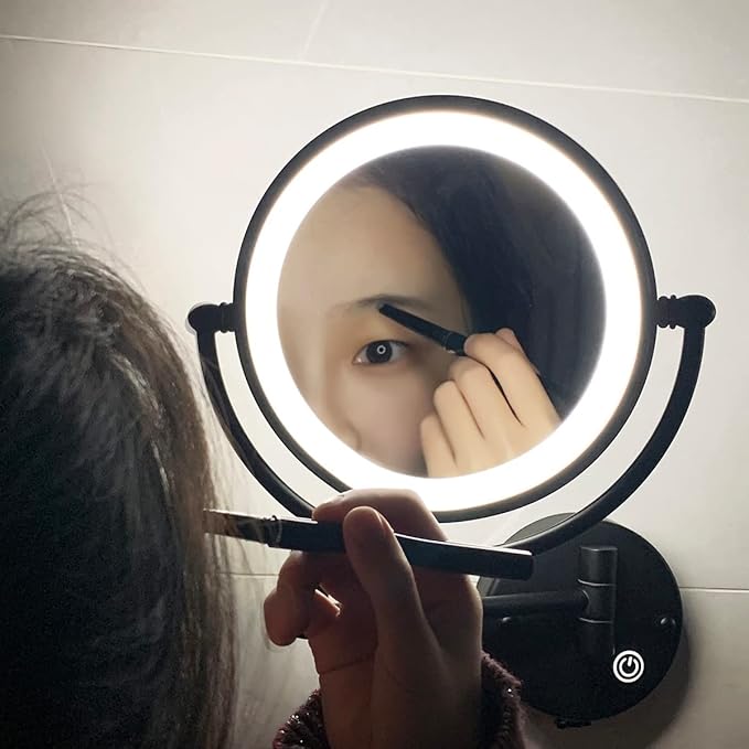 8" Brass Wall Mounted Lighted Makeup Vanity Mirror with Magnification, 1X/5X Double Sided Bathroom Magnifying Mirrorwith with Dimmable LED Lights, Matt Black, Plug Powered