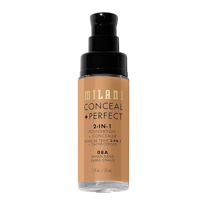 Milani Conceal + Perfect Liquid Foundation - Warm Sand (1 Fl. Oz.), Cruelty-Free, Water-Resistant, Full Coverage, Long-Lasting, 45 Shades