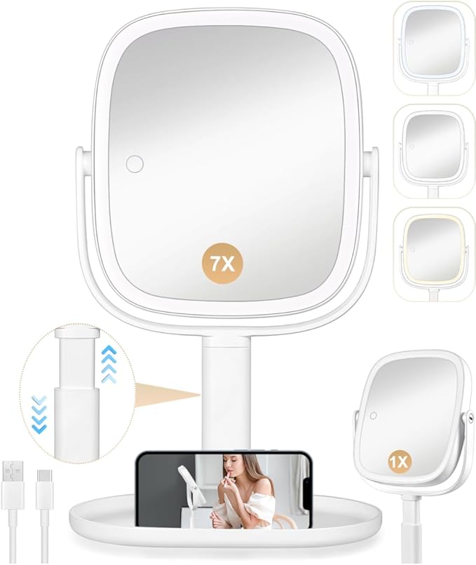 ALLROSE Professional 8" LED Lighted Makeup Mirror, 2600mAh Rechargeable 1x/7x Magnifying Vanity Mirror, 360° Rotation 2-Sided Light up Large Desk Mirror, Height Adjustable Lighted Makeup Mirror