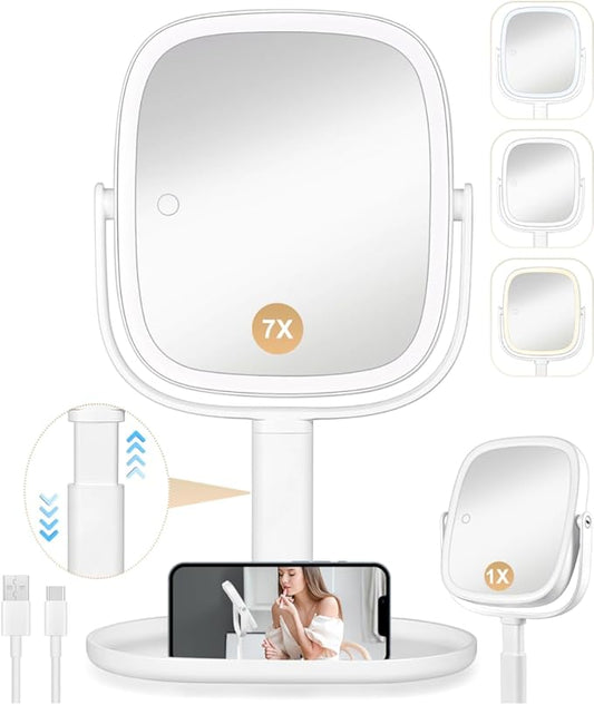 ALLROSE Professional 8" LED Lighted Makeup Mirror, 2600mAh Rechargeable 1x/7x Magnifying Vanity Mirror, 360° Rotation 2-Sided Light up Large Desk Mirror, Height Adjustable Lighted Makeup Mirror