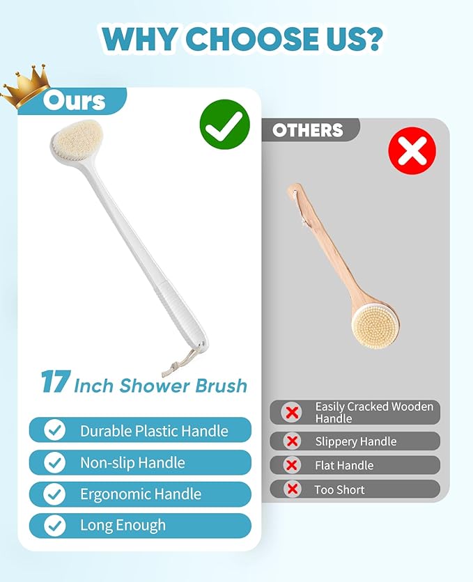 Back Scrubber for Shower with 17" Long Handle, Non-Slip Grip Shower Brush, Moderate Bristles Body Brush for Gentle Exfoliation, Back Brush for Shower Men & Women – White