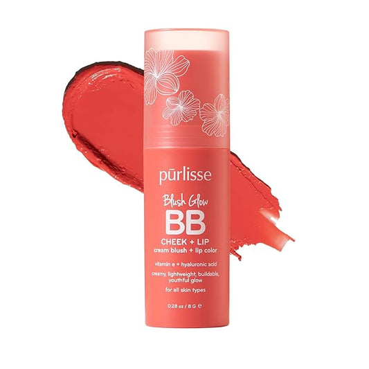 pürlisse Blush Glow Lip and Cheek Tint - Blush Stick for Cheeks and Lips with Vitamin E & Hyaluronic Acid - Hydrating & Buildable 2-in-1 Cream Blush Stick - Summer Coral (.28 oz)