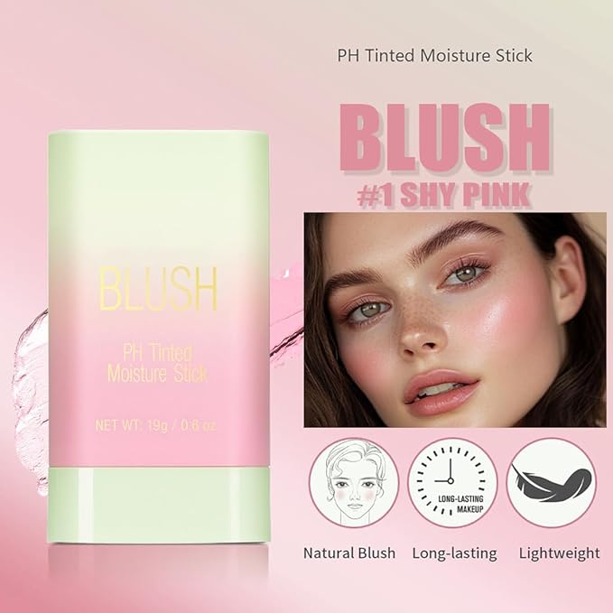 PH Tinted Moisture Stick，Multi-Use Cream Color Changing Blush, 3-in-1 Blush Stick for Cheek/Eyes/Lips, Waterproof Hydrating Tinted Solid Makeup Products (1# Shy Pink)