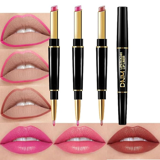 BINGBRUSH 2 IN 1 Lip Liner & Lipstick Makeup Set, Dark Red Matte Metallic Lipliner Set for Black Mature Women Waterproof Long Lasting Gift Set (3Pcs Set16-Shine: 43#44#45#, 3Pcs)
