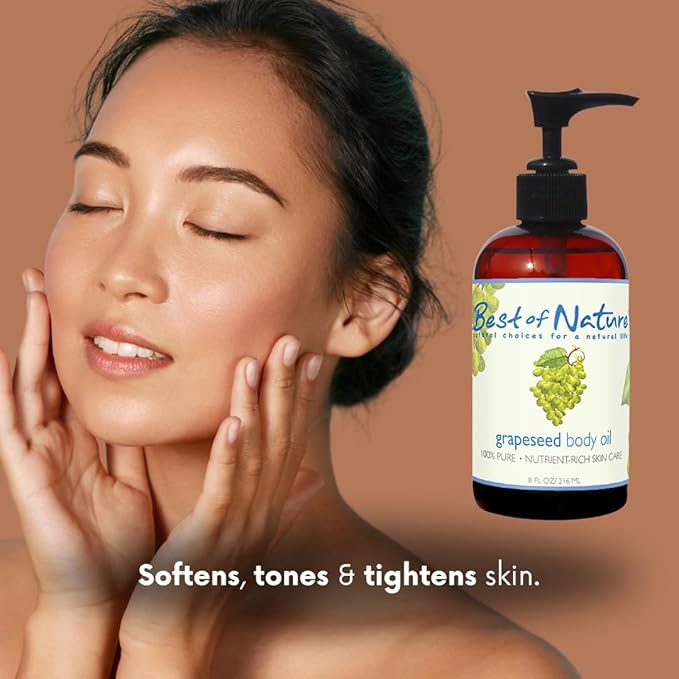 Best of Nature 100% Pure Grapeseed Massage & Body Oil, Unscented Lightweight Non-Greasy Moisturizer for Hair, Skin, Face, & Aromatherapy Carrier Oil for Essential Oils, 8 oz.