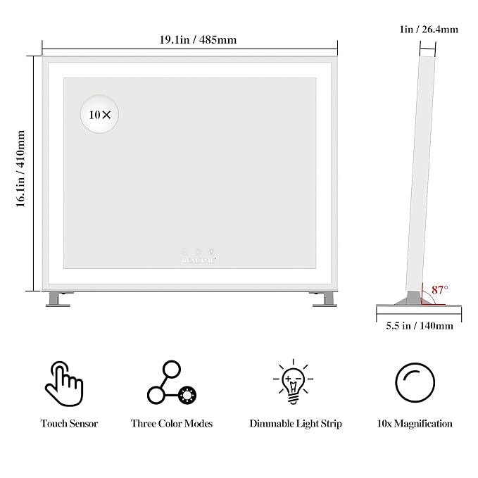 BEAUTME Vanity Mirror with Lights,Hollywood Lighted Makeup Cosmetic Mirrors with Smart Button,Tabletop Makeup Mirrors,with10X Round Mirror,48.5x40.5cm,Silver
