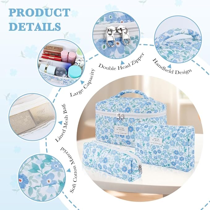 3Pcs Cotton Quilted Makeup Bag Set,Large Floral Cosmetic Bag，Aesthetic Toiletry Travel Makeup Bag Set and Cute Flower Bag for Women Girls (Blue Flower)