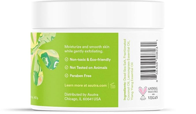 ASUTRA Dead Sea Salt Essential Oil Body Scrub Exfoliator (Uplifting Lemongrass)), 16 oz - Ultra Hydrating, Gentle, & Moisturizing - Coconut, Lemongrass, and Ylang Ylang Oils
