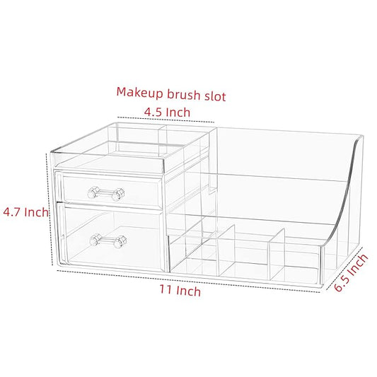 Cq acrylic 1 Pack Clear Skincare Organizer for Vanity,Stackable 2 Drawers Make Up Organizer,Cute Cosmetic Organizer for Vanity Jewelry,Hair Clip,Beauty,Skincare Product Dresser Acrylic Desk Organizer