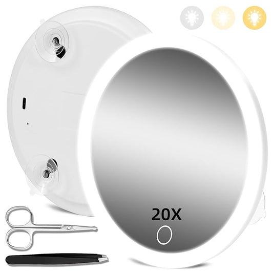20X Magnifying Mirror with Lights, 20X Magnified Mirror with 3 Color Lighting Adjustable Brightness, 6inch Travel Magnification with 3 Suction Cups - Includes Tweezers & Scissors